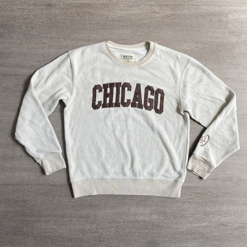 Chicago Beige Oatmeal Light Brown Knit Sweater Patchwork LogoMedium NY 1352